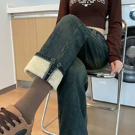加绒加厚直筒牛仔裤女冬季新款复古显瘦九分小个子开叉烟管法棍裤商品大图