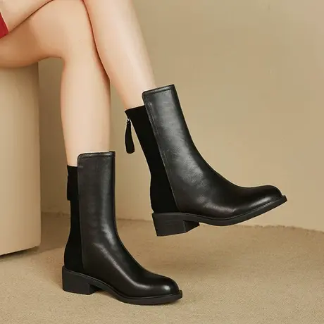 靴子女中筒靴中跟秋冬保暖女靴2023新款真皮粗跟女马丁靴高档皮靴图片