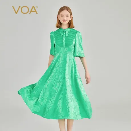 VOA清新绿真丝暗纹提花POLO领撞色乔其打条拼接喇叭袖田园淑女裙图片
