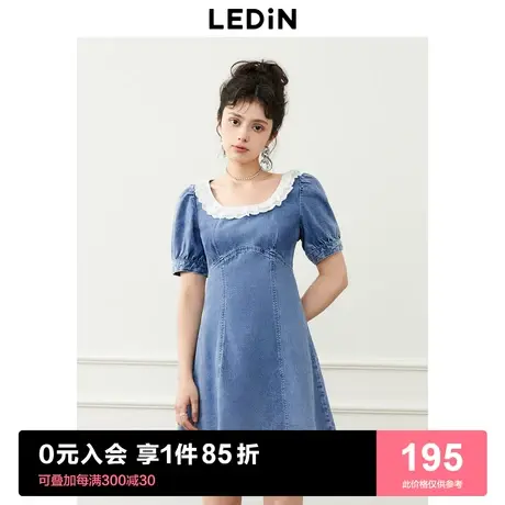 乐町甜美花边领连衣裙2023年夏季收腰简约牛仔短裙短袖连衣裙图片