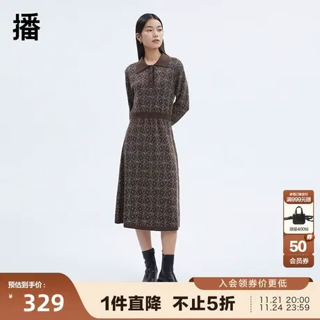 播春季新款羊毛气质修身纽扣装饰翻领收腰连衣裙女DDP4LD4912图片