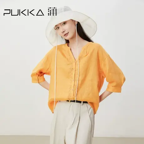 蒲PUKKA 2023春夏纯亚麻新中式V领显瘦七分袖休闲宽松衬衫商品大图