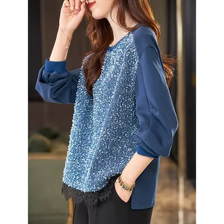 宝诗黎圆领蕾丝拼接棉质落肩长袖上衣2024春秋季新款宽松时尚卫衣商品大图