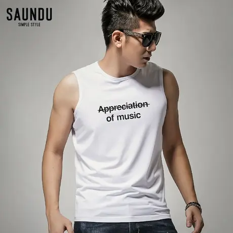 背心男士夏季潮修身型运动健身坎肩砍袖宽肩纯白色上衣服无袖t恤商品大图
