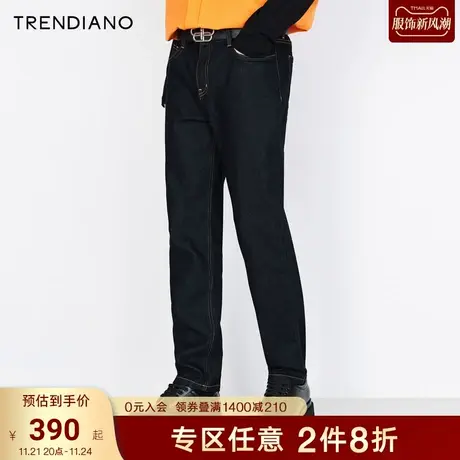 TRENDIANO新款秋冬男装立体压花羊毛磨毛牛仔裤黑色直筒长裤商品大图