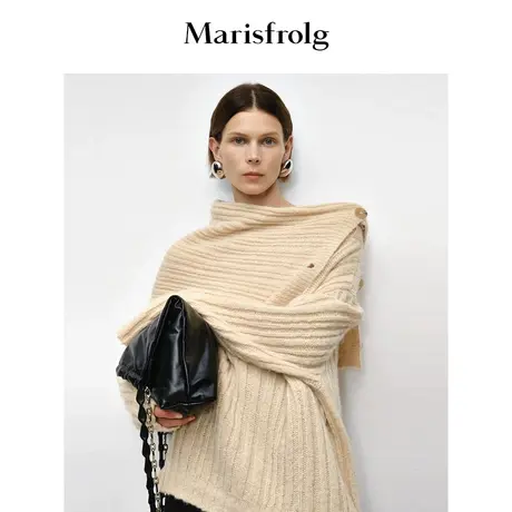 【商场同款】玛丝菲尔2023年秋季新款设计感一字肩翻领针织衫女商品大图