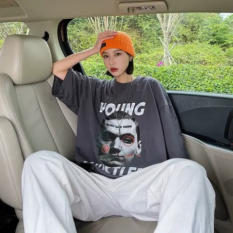 夏季短袖t恤男女ins潮牌宽松个性印花体恤港风休闲上衣服情侣半袖商品大图