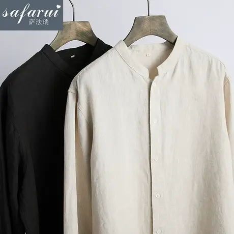 亚麻衬衫男长袖夏季薄款棉麻男士立领休闲衬衣纯色男装宽松麻上衣商品大图