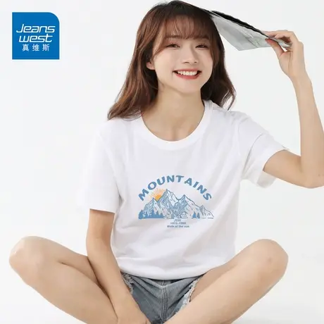 真维斯2022新款夏装纯棉时尚短袖t恤女宽松洋气印花上衣ins潮商品大图