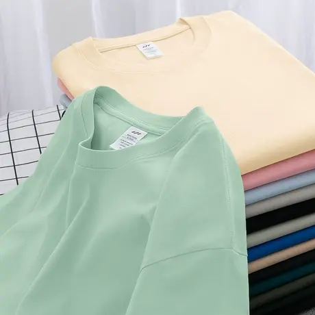 重磅纯棉男士短袖t恤女2024新款夏季纯色上衣服圆领体恤全棉半袖商品大图