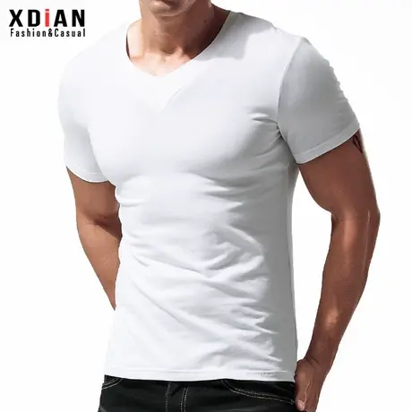短袖t恤男v领纯棉修身潮流夏季全棉纯色打底衫男士个性半袖体恤商品大图