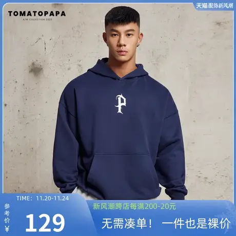TOMATOPAPA原创秋季圆领连帽卫衣男美式潮牌宽松重磅卫衣上衣男商品大图