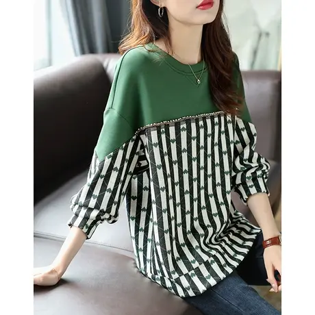 宝诗黎新款钉珠拼接卫衣女春季2024休闲圆领落肩条纹棉质长袖上衣商品大图