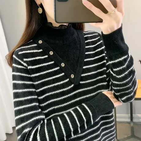 天鹅绒半高领毛衣女蕾丝厚打底衫2023秋冬新款条纹针织衫内搭上衣商品大图