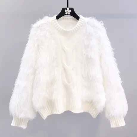 水貂绒拼接麻花毛衣女秋冬2023新款日系宽松洋气加厚打底针织上衣商品大图