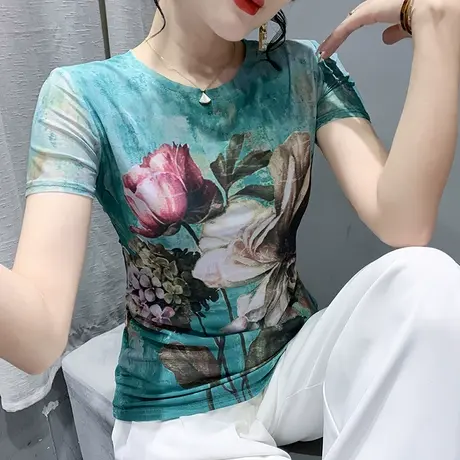 时尚印花打底衫女短袖夏季2024新款性感圆领网纱T恤潮流修身上衣商品大图