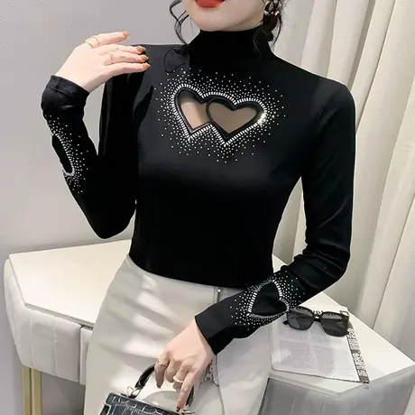 2024秋冬新款性感镂空T恤烫钻百搭紧身上衣气质高领打底衫女长袖商品大图
