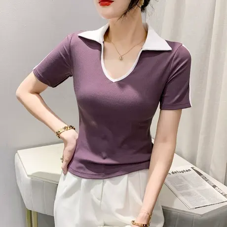 时尚POLO领T恤女短袖2024夏季新款设计感拼色上衣高腰修身小衫ins图片