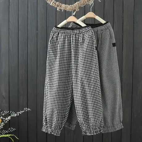 束脚灯笼裤女2021夏季小个子八分哈伦裤棉麻宽松休闲裤格子七分裤商品大图