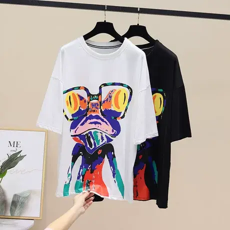 欧货大版短袖t恤女装春夏2023新款潮牌女半袖中长款下衣消失体桖商品大图