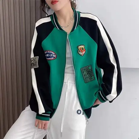 2023春季新款拼色棒球服女韩版宽松ins潮圆领卫衣外套休闲夹克衫商品大图