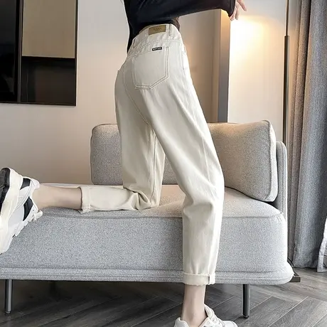 米白色直筒牛仔裤女秋冬加绒加厚小个子高腰宽松显瘦哈伦老爹裤子商品大图
