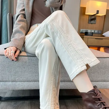 米色直筒牛仔裤女2024年秋冬高腰宽松加绒小个子九分开叉烟管裤潮商品大图