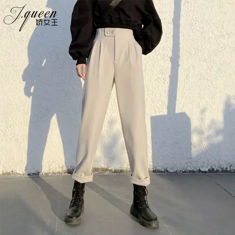 高腰毛呢哈伦裤女秋冬新款宽松显瘦九分烟管裤米色加厚小脚萝卜裤商品大图