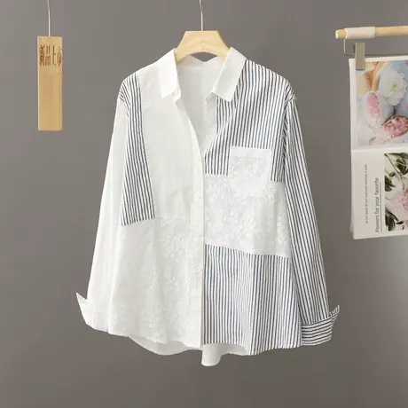 春秋白色刺绣条纹衬衫女薄外套秋季2024新款宽松休闲衬衣外穿上衣图片