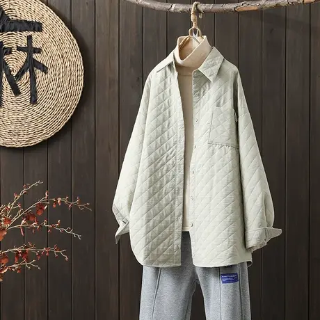 枫谜2022年冬季新款宽松百搭格纹加厚衬衫中长款休闲外套衬衣图片