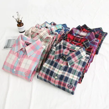 2019新款春装上衣纯棉百搭修身韩版显瘦格子衬衫女长袖学生衬衣潮图片