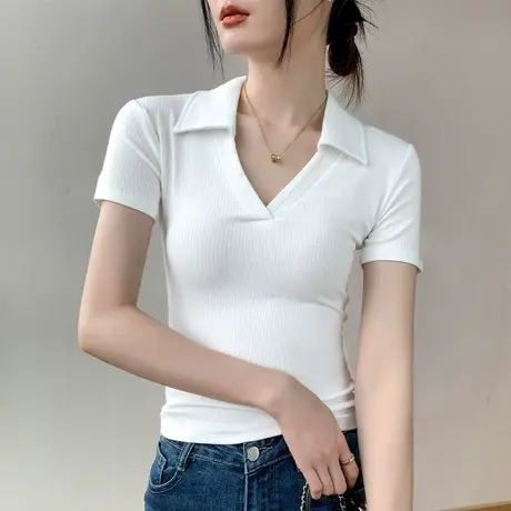 纯色百搭POLO有领t恤女夏法式坎肩修身收腰辣妹复古高级感V领上衣图片