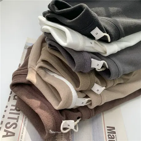 德绒暖绒长袖圆领打底衫女纯色内搭修身简约白色T恤磨毛绒上衣女商品大图