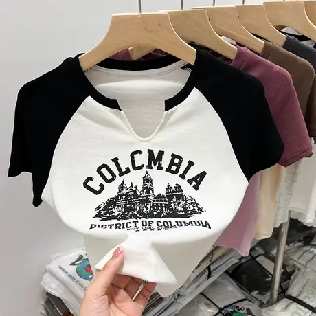 美式复古半袖T恤女夏装辣妹韩版修身显瘦小个子短款插肩短袖上衣商品大图