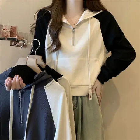 ins超火半拉链连帽卫衣女春秋薄款宽松小个子短款插肩袖上衣潮牌商品大图