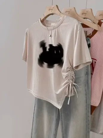 夏胖mm抽绳T恤女收腰显瘦不规则下摆潮ins大码韩版慵懒风短袖上衣商品大图