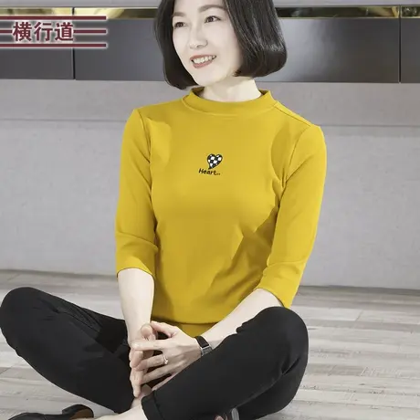 横行道半高领绣花修身中袖T恤2025春季新款外穿上衣大码女妈妈装商品大图
