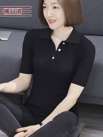 2025新款春装女士衬衫领半袖黑色针织衫五分袖中袖翻领百搭上衣图片