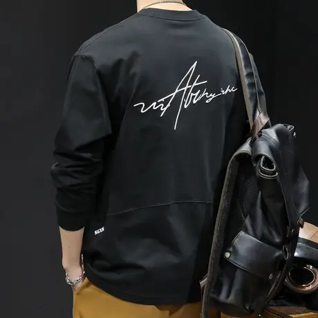 黑色刺绣长袖t恤男纯棉潮牌宽松大码春季2024新款男士重磅春秋款图片