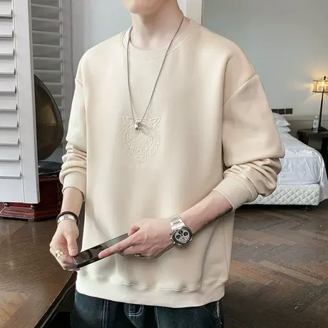 春季男装杏色圆领卫衣春天日系港风纯色上衣服春秋款男士长袖T恤商品大图