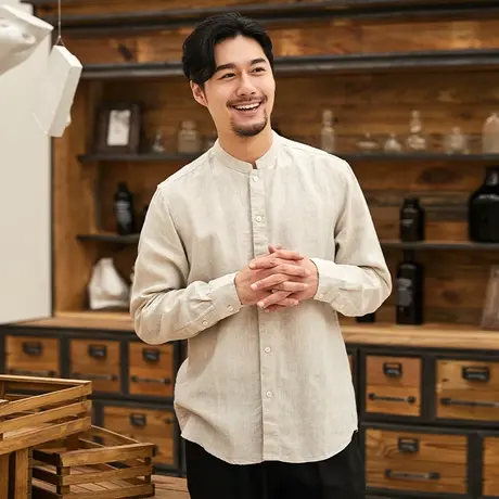 亚麻衬衫男长袖休闲白色立领夏季薄款宽松男装上衣大码棉麻衬衣潮图片