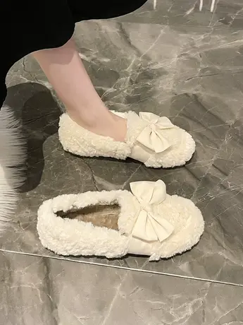 豆豆鞋女冬加绒加厚底2023年新款毛毛鞋外穿时尚蝴蝶结网红棉鞋子商品大图