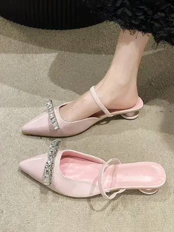 网红粉色凉拖鞋女夏外穿低跟包头半拖银色小众法式水钻高级感凉鞋商品大图