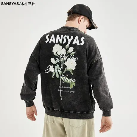 木村三社SANSYAS 新款白玫瑰印花洗水渐变圆领卫衣高街套头长袖潮商品大图
