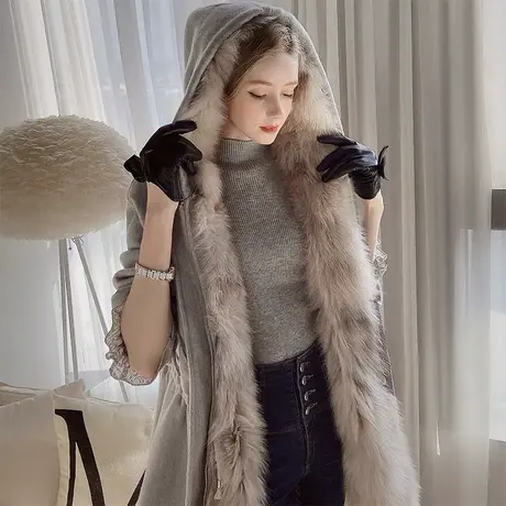 【直播】粉红大布娃娃时尚连帽皮草内胆毛呢双面呢大衣图片