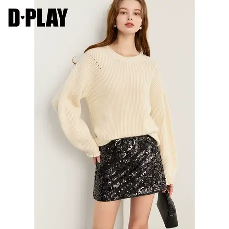 DPLAY春法式风圆领杏色荷叶边含羊毛兔毛针织毛衣女商品大图