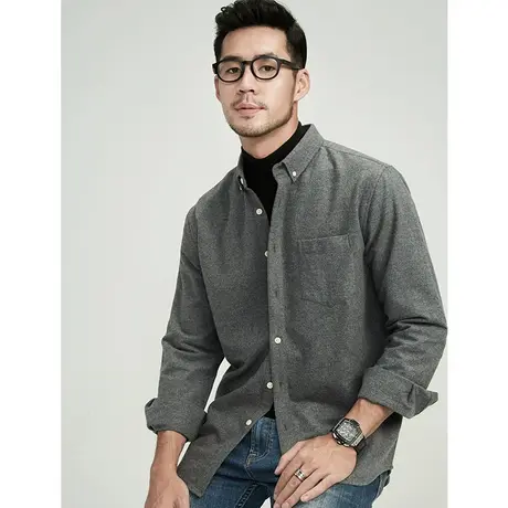 格慕施纯棉法兰绒长袖衬衫男士外套春秋休闲保暖全棉大码宽松衬衣图片