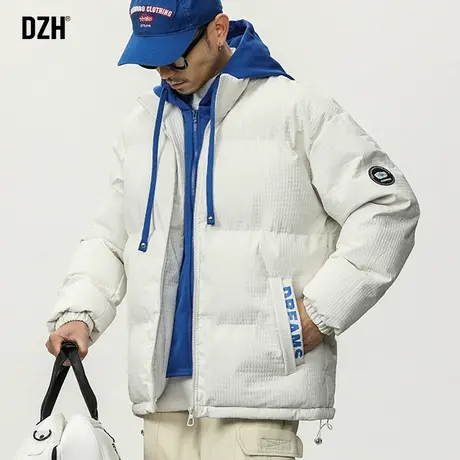 男士白色假两件棉服男冬季美式棉衣连帽拼接外套男款新款加厚棉袄图片