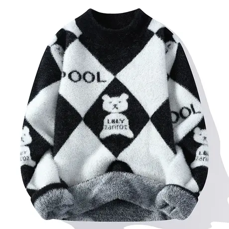 秋冬季水貂绒毛衣男士2023新款青少年打底针织衫加绒加厚保暖线衣商品大图