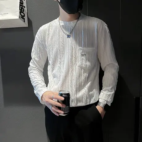 长袖t恤男褶皱肌理感春秋季卫衣潮ins痞帅男装上衣内搭打底衫体恤图片